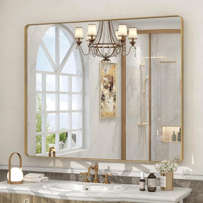 40x36 Inch Brushed Gold Framed Mirror for Bathroom | Gold Brass Bathroom Mirror, Rectangle Gold Vanity Mirror for Wall, Shatterproof, Anti-Rust, Hangs Horizontally or Vertically