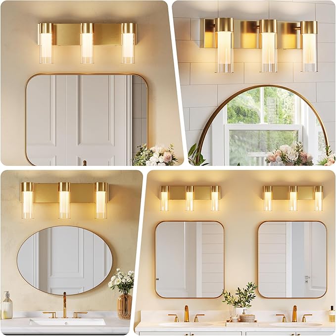 Tribesigns LED Bathroom Light Fixtures, 3-Light Vanity Lights Over Mirror, Wall Lights with 3 Color Modes & Gold Finish, Wall Sconces with Clear Glass Shades for Bathroom Hallway Bedroom