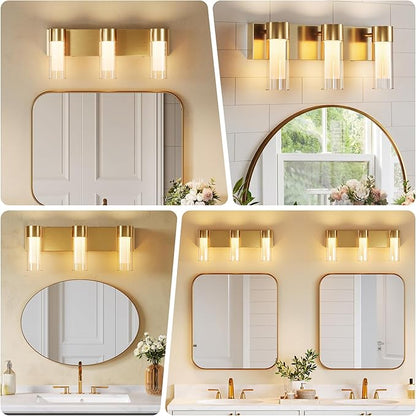 Tribesigns LED Bathroom Light Fixtures, 3-Light Vanity Lights Over Mirror, Wall Lights with 3 Color Modes & Gold Finish, Wall Sconces with Clear Glass Shades for Bathroom Hallway Bedroom