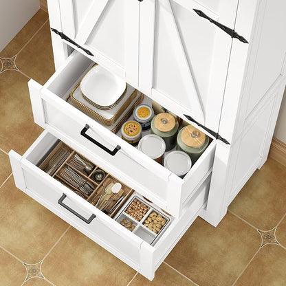 TEENFON 66.1" H Storage Cabinet with 2 Drawers, Farmhouse Kitchen Pantry Cabinet with 2 Doors & Adjustable Shelf, Bathroom Cabinet, for Living Room, Kitchen, Bathroom, White