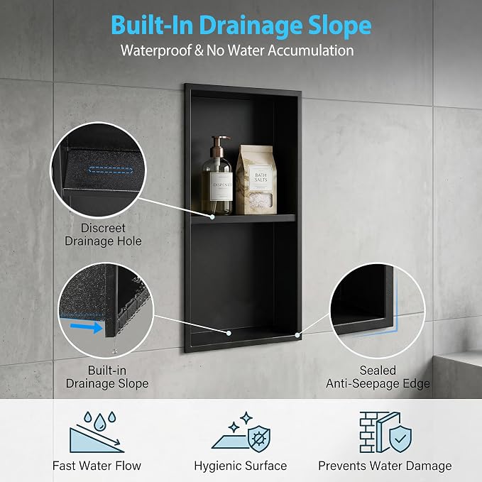 304 Stainless Steel Shower Niche 12” x 24” for Bathroom Storage | Matte Black Recessed Shower Niche No Tile Needed with 2-Tier Shelves for Bathroom Space Saving