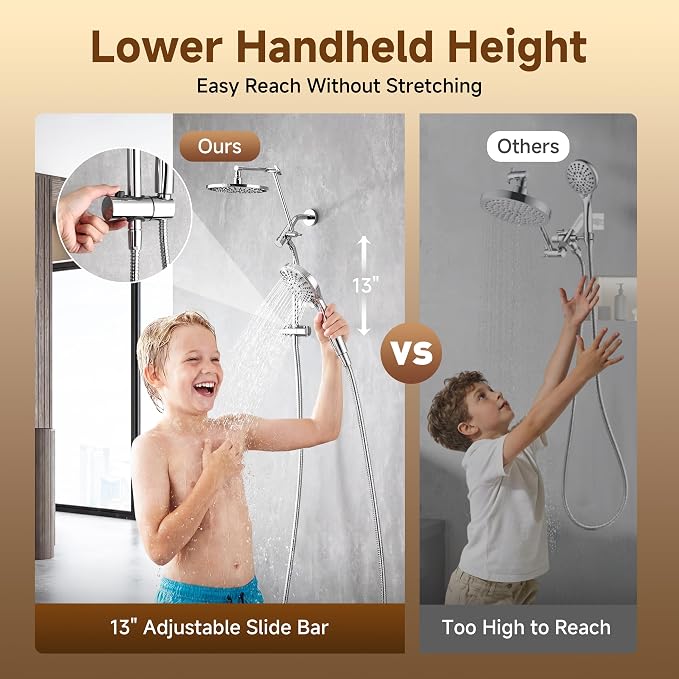 BRIGHT SHOWERS Rain Shower System with Handheld, High Pressure Dual Shower Head Combo, 9-Spray Modes, Adjustable Slide Bar & Extension Arm, 3-Way Diverter, Built-in Power Wash, 69" Hose, Chrome