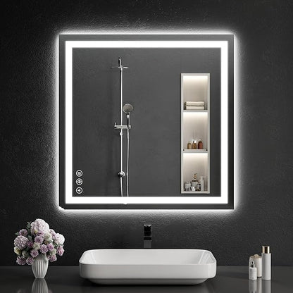 30"x30" LED Bathroom Mirror with Lights, Dimmable，Anti-Fog，Bathroom Vanity Mirror for Wall, Backlit + Front Lit, Memory Function, Shatter-Proof，Tempered Glass