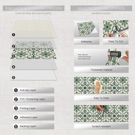 Green Vintage Floral Peel and Stick Floor Tiles 12x12 Inch 10PCS | Green and cream vintage floral scroll pattern vinyl floor stickers for kitchen bathroom entryway and indoor home decor