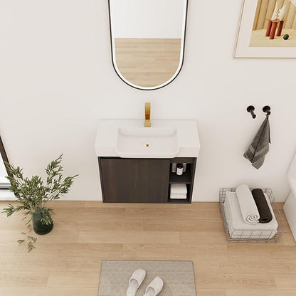 28" Wall-Mounted Bathroom Vanity with Ceramic Sink, 28 inch Floating Single Sink Vanity Cabinet Modern Brown 1-Door Design with Storage Shelf (Space-Saving for Small Bathrooms), Black