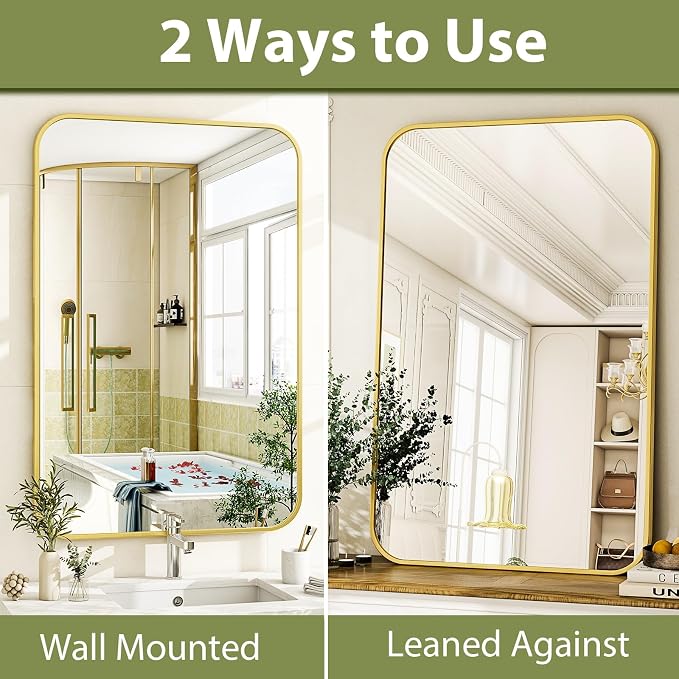 Easly 26 x 38 Inch Bathroom Mirror, Rounded Rectangular Vanity Mirror for Wall, Modern Mirror for Room Decor, Gold Framed Wall-Mounted Mirrors for Home Decor, Hangs Horizontally or Vertically