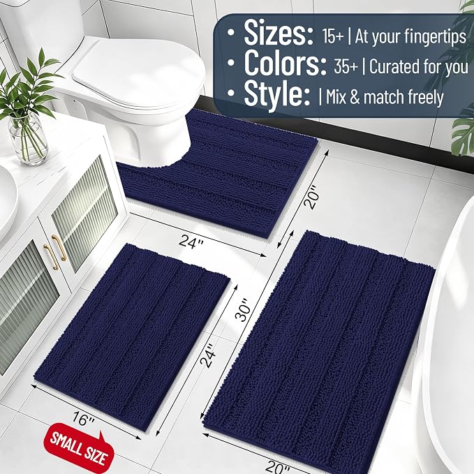 Smiry Thick Small Chenille Bathroom Rugs 24x16, Bath Mat, Twilight Sapphire | Quick‑Dry & Machine Washable, Non‑Slip Bath Carpet, Soft Striped Bath Rugs for Tub & Shower, Modern Home Decor Accessories