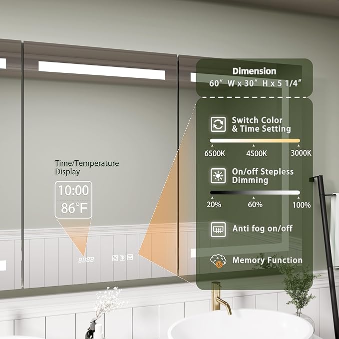 LED Medicine Cabinet Mirror, 60x30 Inch Bathroom Storage, Recessed/Wall Mount, Plug-in/Hardwired, 3 Color Dimmable Light, Anti-Fog, Time Temp Display