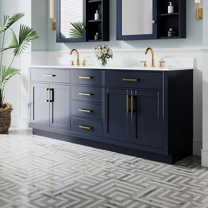 80-Inch Bathroom Vanity with Double Sinks W/ 4 Doors & 4 Drawers & 2 Flip Drawers, Navy Blue Vanity W/Brushed Gold Handles
