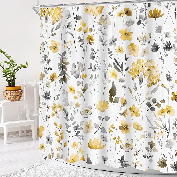 Yellow Gray Grey Flower Floral Wildflower Leaf Bathroom Shower Curtain Set | 72"W x 72"H Leaves Botanical; waterproof HD print, quick-dry fabric and plastic hooks for easy setup.