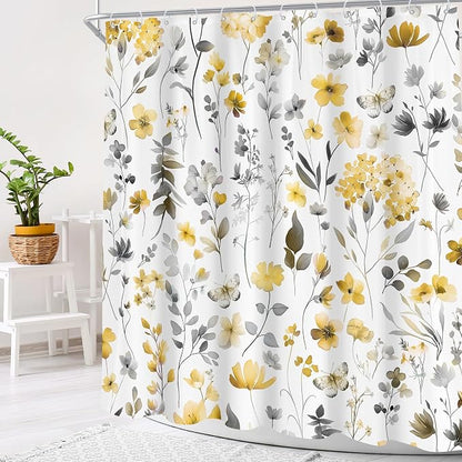 Yellow Gray Grey Flower Floral Wildflower Leaf Bathroom Shower Curtain Set | 72"W x 72"H Leaves Botanical; waterproof HD print, quick-dry fabric and plastic hooks for easy setup.