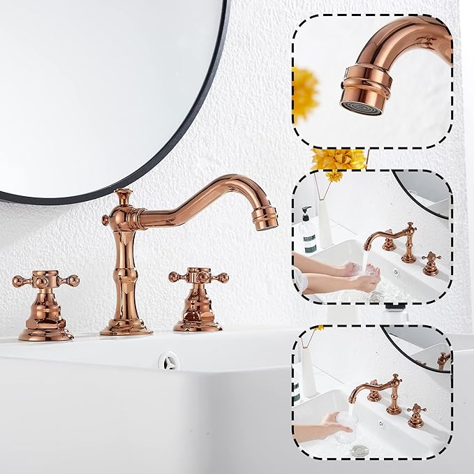 GGStudy 8-16 inch Two Handles 3 Holes Widespread Bathroom Sink Faucet Copper Basin Mixer Tap Faucet Matching Metal Pop Up Drain with Overflow