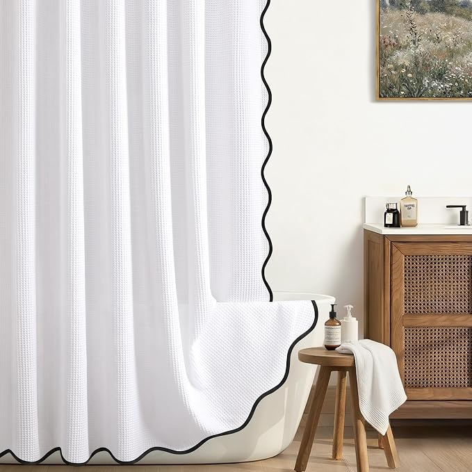 Extra Long Waffle Scalloped Shower Curtain Cotton Fabric White 72Wx84L | Soft Cotton Cloth,3D Square Truely Waffle Washable, Hotel Luxury Spa, Shower Curtain Set for Bathroom 12 Plastic Hooks