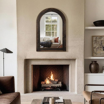 Arched Bathroom Mirror, 38"x26" Brown Wood Frame Wall Mirror | Farmhouse Vintage Vanity Mirror with Layered Frame for Entryway, Living Room, Bedroom