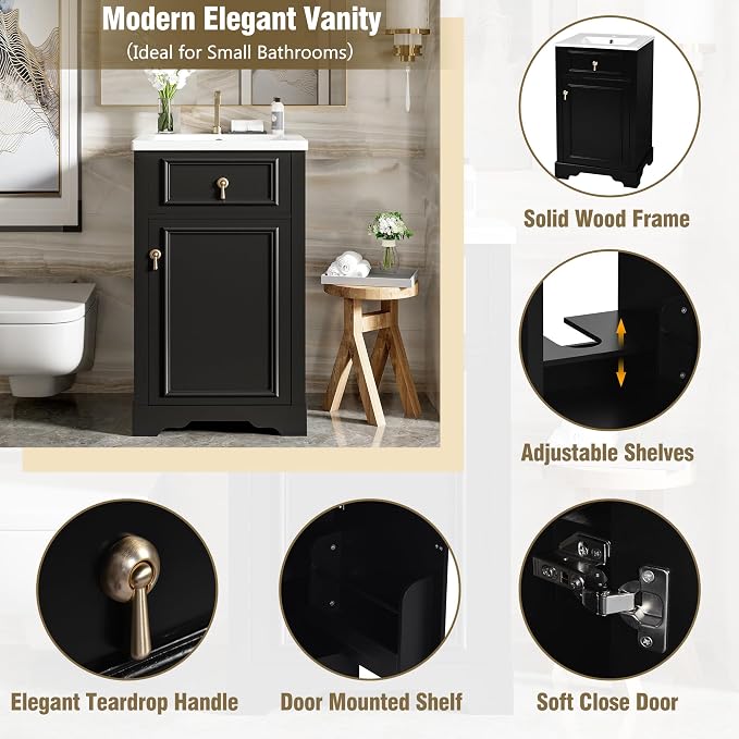 Merax Modern 20'' Bathroom Vanity with Single Sink Combo, Solid Wood Bathroom Storage Cabinet with Soft Close Door & Adjustable Shelf, Freestanding Vanities Set with Door-Mounted Storage Rack, Black