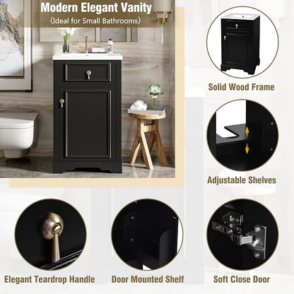 Merax Modern 20'' Bathroom Vanity with Single Sink Combo, Solid Wood Bathroom Storage Cabinet with Soft Close Door & Adjustable Shelf, Freestanding Vanities Set with Door-Mounted Storage Rack, Black