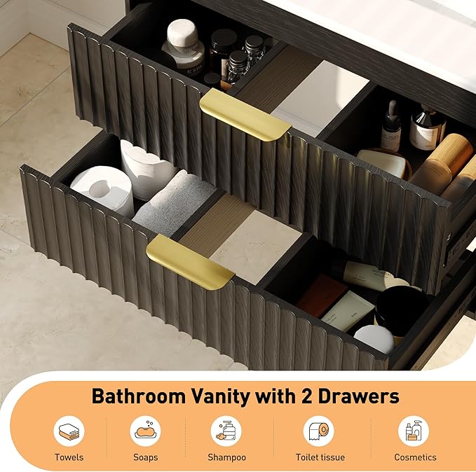 24 Inch Floating Bathroom Vanity Without Sink, Bathroom Wall Cabinet with 2 Fluted Drawers & Metal Handle, Wall Mounted Cabinet for Bathrooms (Black, 24 inch, Without Sink)