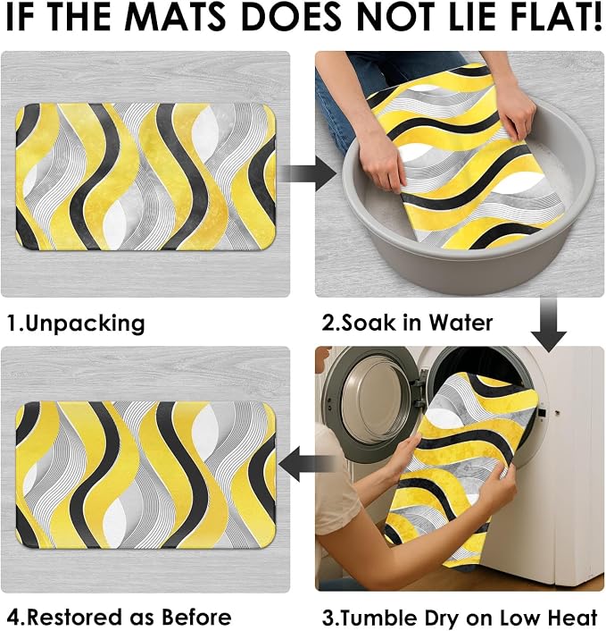 Bathroom Sets with Shower Curtain and Rugs, 4 Pcs Geometric Yellow | Striped Modern Grey Bathroom Decor Set with Toilet Lid Cover, Non-Slip Bath Mats and Accessories 12 Hooks