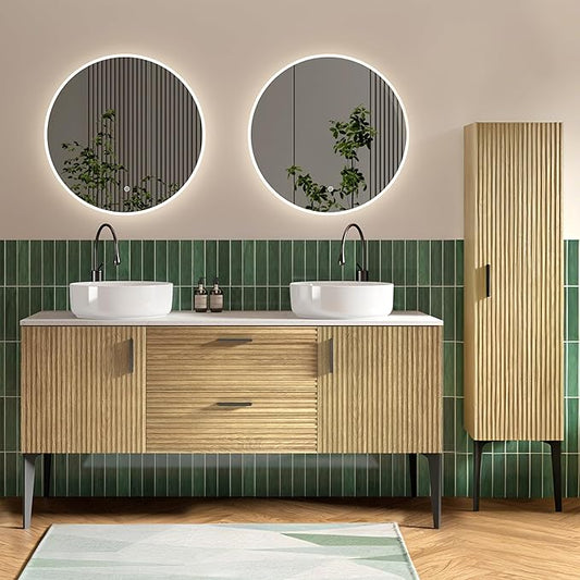 60" Bathroom Vanity with Double Sink and Side Cabinet Combo Set, Modern Double Ceramic Vessel Sink Bathroom Vanity with Soft-Close Drawers & Doors, Engineered Stone Countertop, Natural Oak