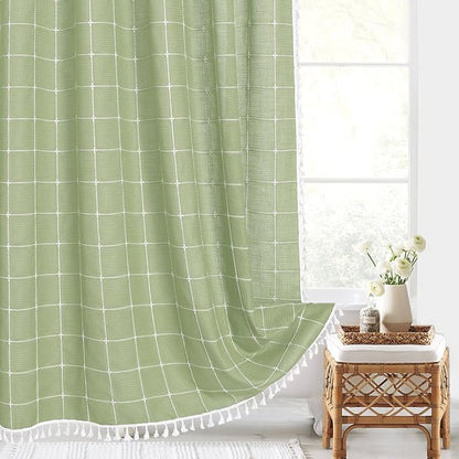 Sage Green Boho Farmhouse Shower Curtain for Bathroom 72x72 | 320 GSM French Country Plaid Tassel Shower Curtain, Rustic Aesthetic Bathroom Decor Windows Curtain