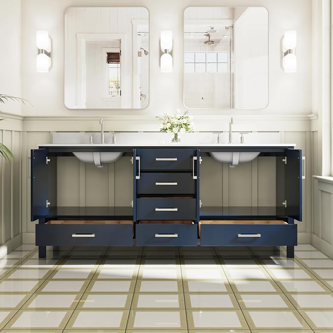 80-Inch Bathroom Vanity with Sink, 4 Soft-Close Doors and 6 Soft-Close Drawers, Bathroom Freestanding Vanity with Cultured Marble Countertop, Navy Blue Vanity with Brushed Nickel Handles
