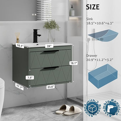 eclife 24" Bathroom Vanities Cabinet with Sink Combo, Wall Mounted Floating Cabinet W/Decor Line, Soft-Close System, 2 Extra Big Drawers, Matte Black Faucet, Gray Green