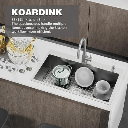 33x19 Inch Drop-in Kitchen Sink, Stainless Steel, Single Bowl | Modern Topmount Kitchen Sink Combo, Include SS Grid,Silicon Mat,Drain Strainer Set, Compatibility With Various Kitchen Style