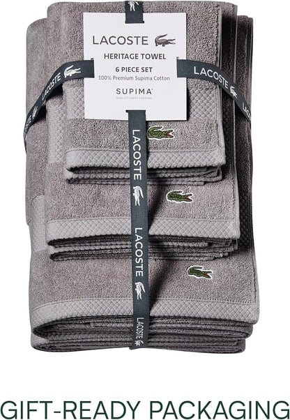 Lacoste Heritage Anti-Microbial Supima Cotton 6-Piece Towel Set, 2 Bath Towels, 2 Hand Towels, 2 Washcloths, Meteorite – Highly Absorbent & Quick Drying, Bathroom Essential, Machine Washable