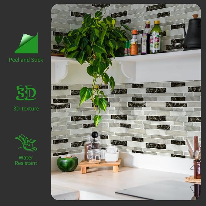 LONGKING Self-Adhesive Kitchen Backsplash, Marble Look Decorative Tiles (10 Tiles) (Light Brown) | Peel and stick backsplash, self-adhesive wall tile, Light Brown, marble, waterproof, kitchen bathroom wall, 10 tiles