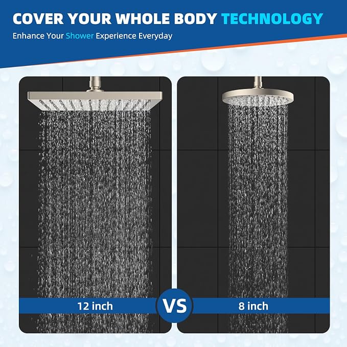 Hibbent cUPC Certified High Pressure 12'' Rain Shower Head, Brushed Nickel | Thickness Metal Showerhead, Square Large Bathroom Rainfall Shower Head, Adjustable Brass Ball, Waterfall Full Body Coverage
