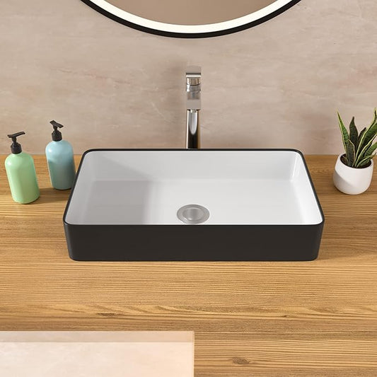 Lordear Rectangular Vessel Sink 24X14 Inches Black and White Above Counter Bathroom Sink Lavatory Vanity Basin