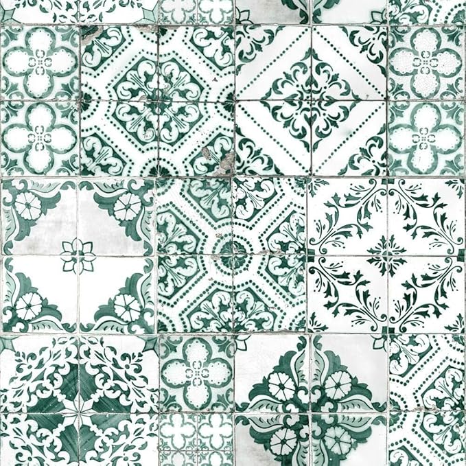 RoomMates RMK11281WP Forest Green Mediterranean Tile Peel and Stick Wallpaper