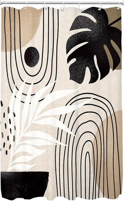 Glawry Boho Mid Century Shower Curtain Small Stall Abstract Black Beige Brown Plant Tropical Palm Leaf Minimalist Bathroom Modern 48Wx72L Inches Bath Accessories Art Home Decor Fabric 8 Pack Hook