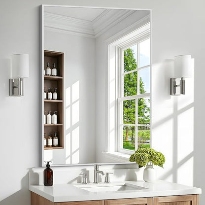 BONEWEI Silver Bathroom Mirror,30x42 inch Wall Mirror for Bathroom Wall Mounted,Rectangle Mirror for Bathroom Over Sink,Modern Metal Frame for Living Room,Bedroom Entryway,Horizontal/Vertical
