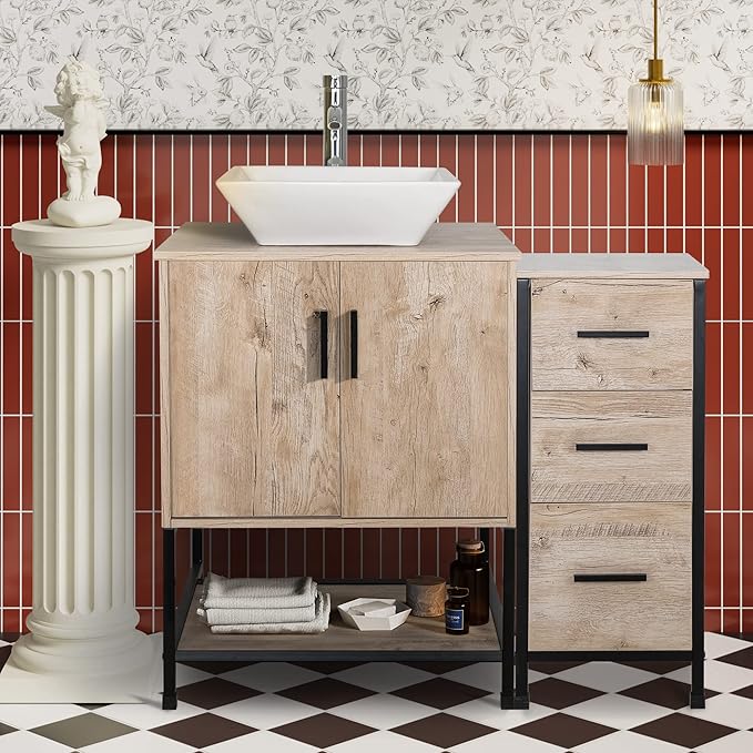 UEV 36" Bathroom Vanity, Oak Color Bathroom Vanity Set with Sink and 3 Drawers Side Cabinet Combo, with Adjustable Water Temperature Faucet (A07)