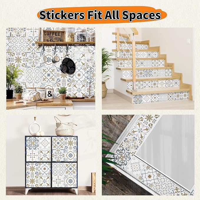 24 PCS Bohemian Floral PVC Peel and Stick Tile Stickers | for Kitchen Bathroom RV, Waterproof Self-Adhesive Removable Backsplash Decals, Easy DIY Upgrade, Smooth Surfaces, 5.91x5.91in