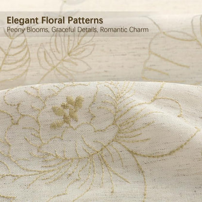 Farmhouse Floral Linen Shower Curtain, Vintage Beige Embroidered Pattern Rustic Shower Curtains for Bathroom, Tan Taupe,72x72
