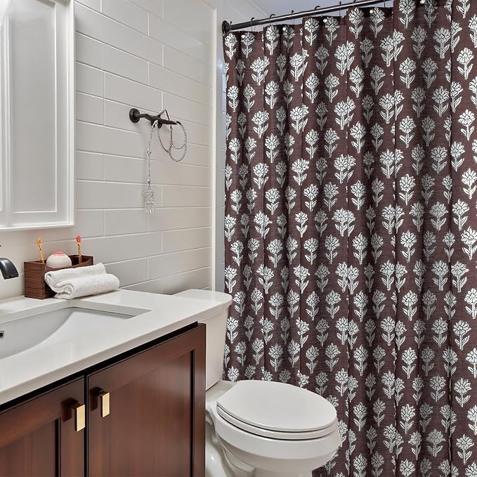 MUGINYU Brown Floral Shower Curtain Vintage Block Print - 72x72 Inches,Cotton Blend Cloth Fabric,Neutral Farmhouse Decorative French Country Bathroom Decor, Cottagecore Aesthetic Pattern