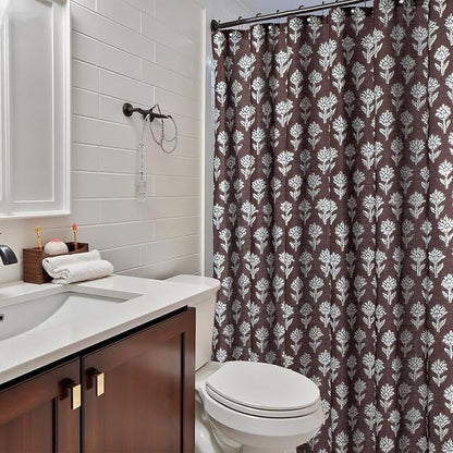 MUGINYU Brown Floral Shower Curtain Vintage Block Print - 72x72 Inches,Cotton Blend Cloth Fabric,Neutral Farmhouse Decorative French Country Bathroom Decor, Cottagecore Aesthetic Pattern