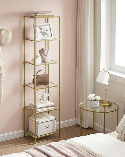 VASAGLE Bookcase, 6-Tier Bookshelf, Slim Shelving Unit for Bedroom, Bathroom, Home Office, Tempered Glass, Steel Frame, Metallic Gold ULGT500A01