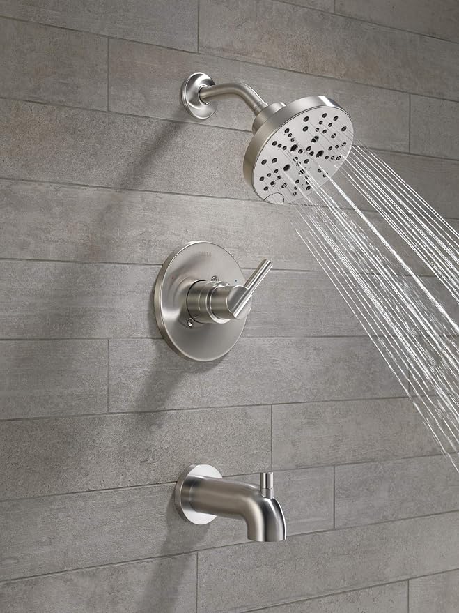 Delta Nicoli 14 Series H2Okinetic Bathtub and Shower Faucet Set, Brushed Nickel Shower Head and Handle Set, Valve Trim Kit, Stainless 144749-SS (Valve Included)