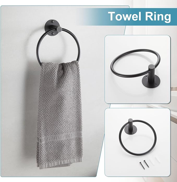 Towel Racks for Bathroom 4 Pieces,Matte Black Stainless Steel Bathroom Accessories Set Wall Mounted Included 24 Inches Towel bar,Towel Holder,Toilet Paper Holder,Robe Hook