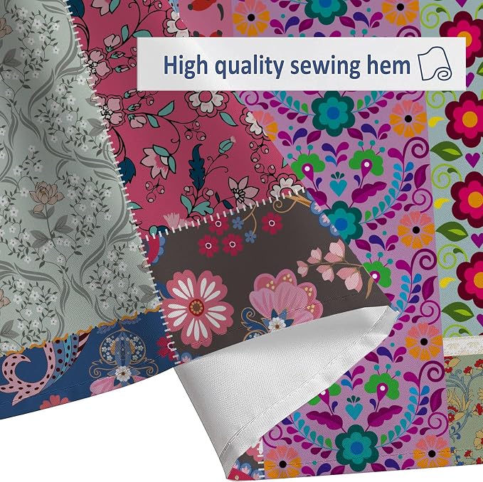 Boho Patchwork Shower Curtain, Vintage Bohemian Paisley Stitching Floral Shower Curtain Art with Hooks, Retro Farmhouse Cottage Rustic Colorful Wildflowers Flowers Design Shower Curtain Set, 72"X72"