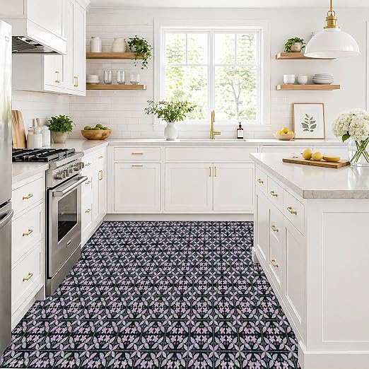 Purple Sparkle Floral Peel and Stick Floor Tiles 12x12 Inch 10PCS | Purple Printed Sparkle Floral self adhesive PVC vinyl tiles for kitchen bathroom entryway and indoor home decor