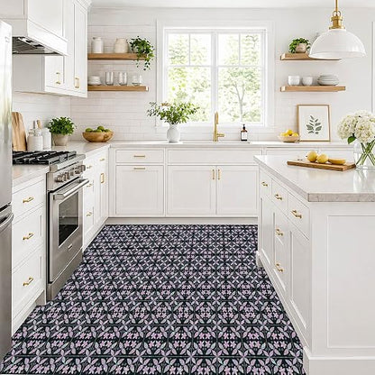 Purple Sparkle Floral Peel and Stick Floor Tiles 12x12 Inch 10PCS | Purple Printed Sparkle Floral self adhesive PVC vinyl tiles for kitchen bathroom entryway and indoor home decor