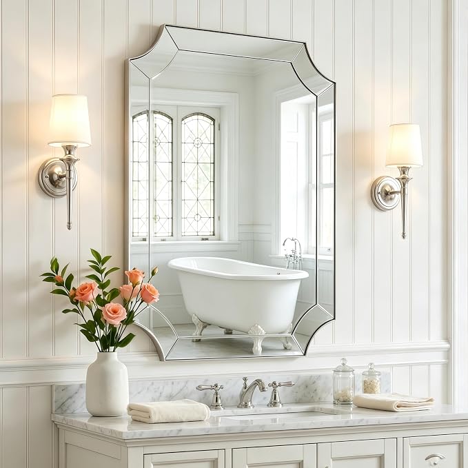 22"x30" Brushed Nickel Scalloped Mirrors for Bathroom Sink | Rust-Proof SUS304 Thin Frame, Delicate Tessellated Glass Design, Anti-Corrosion Silver-Backed Glass, Ideal for Home Deocr