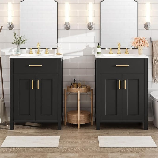 Harper & Bright Designs 48" Bathroom Vanity Set with Double Sink, Free Standing Single Basin Vanity Set with 2 Soft-Close Doors and Drawer, Wood Storage Cabinet with Ceramic Basin for Bathroom, Black