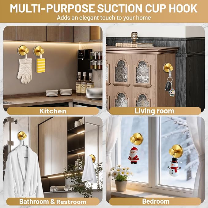 Suction Cup Hooks for Shower No-Drill Bathroom Hooks for Towels, Robes, Loofah Mountable on Bathroom Walls, Kitchen, Glass, Mirrors, Tile and Smooth,Non-Porous Surfaces (4, Brushed Gold)