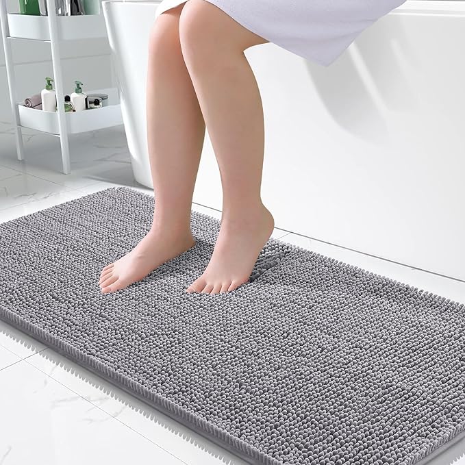 OLANLY Large Bathroom Rugs 50x30, Extra Soft Absorbent Chenille Bath Rugs | Grey, Quick-Drying Rubber Backing, Machine Washable Bath Mat for Bathroom Floor, Tub and Shower, Home Decor Accessories