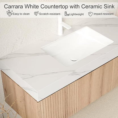 Ambrovina 48 inch Floating Bathroom Vanity with Sink, Wall Mounted Storage Vanities with Drawer and 2 Doors, Carrara White Sintered Stone Top and Ceramic Basin, Pre-Assembled Cabinet, Light Wooden